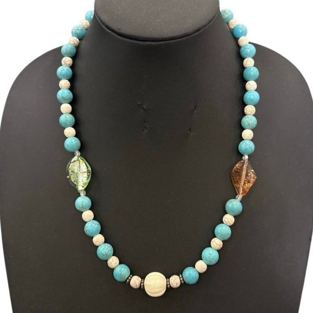 Vintage Beaded Statement Necklace Women's 22" Turquoise & Cream Colored Stones